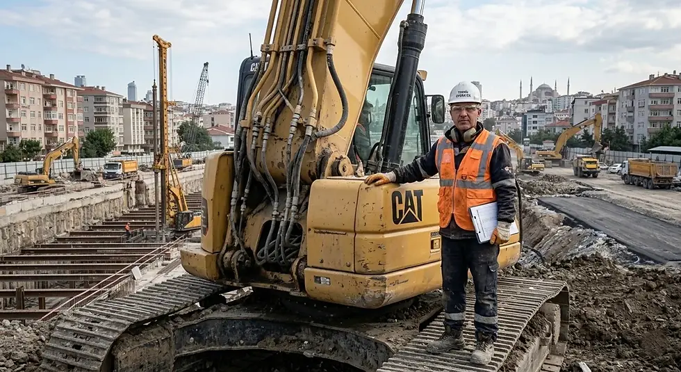 baret ve güvenlik ekipmanları ile çalışan ekskavatör operatörü