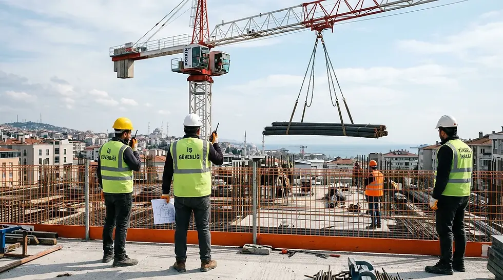 Kule vinç kullanımında güvenli çalışma ve saha kontrolü yapan ekip