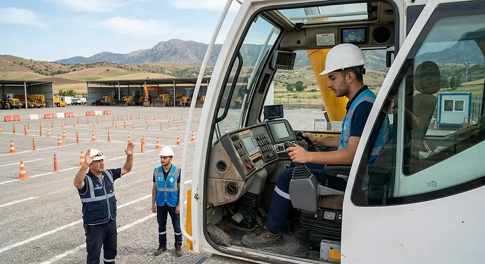Mobil vinç kabininde uygulama eğitimi alan kursiyer ve dışarıda yönlendirme yapan eğitmen