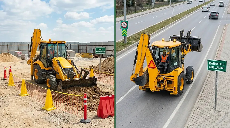 Beko loder için saha kullanımı ve karayolu kullanımı ayrımını gösteren görsel