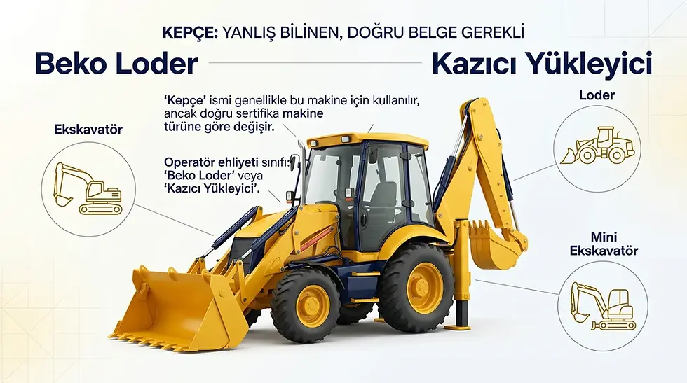 Beko loder üzerinden kepçe belgesi ve makine türü ayrımını gösteren görsel