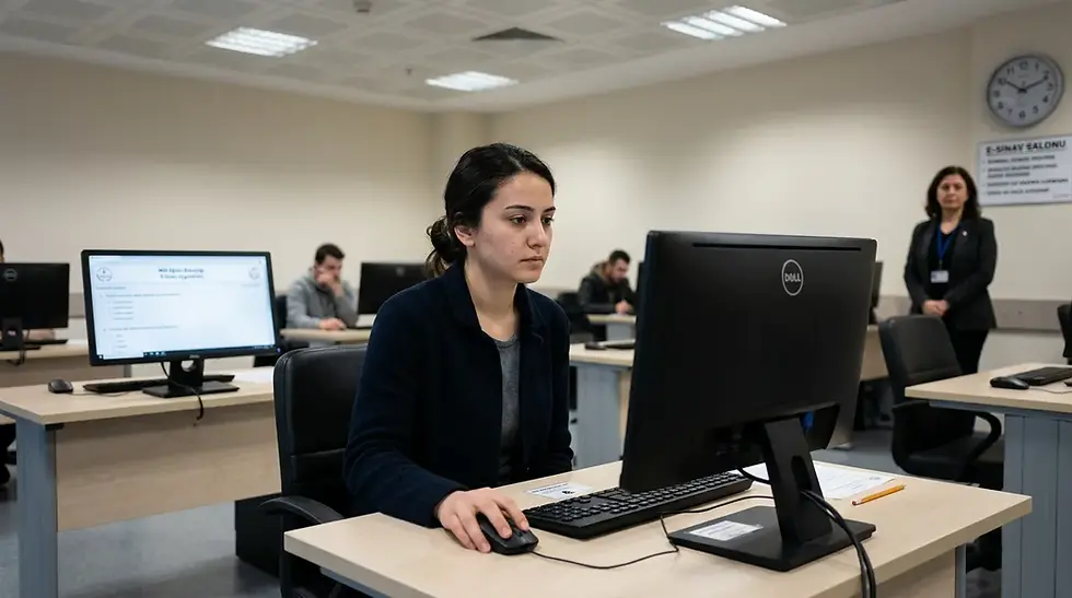 E-sınav salonunda bilgisayar başındaki aday, duvardaki saat ve sınav düzenini gösteren doğal fotoğraf