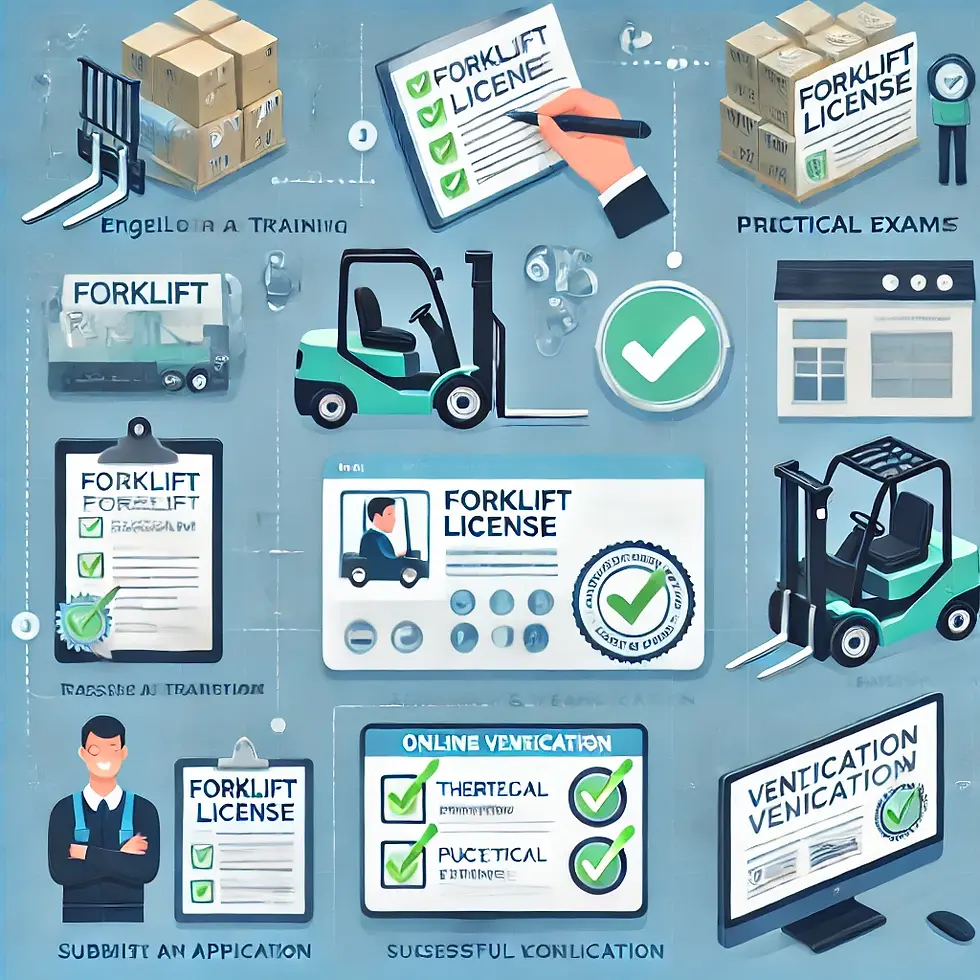 Forklift ehliyeti alma ve doğrulama adımlarını gösteren ayrıntılı bilgi grafik: eğitim programına kayıt olma, teorik ve pratik sınavları geçme, başvuru yapma ve ehliyeti teslim alma. Ayrıca, başarılı tamamlamayı gösteren onay işaretleriyle çevrimiçi doğrulama sürecini gösteren bir bilgisayar ekranı. Grafik, profesyonel bir renk şeması olan mavi ve yeşil tonlarda tasarlanmıştır.