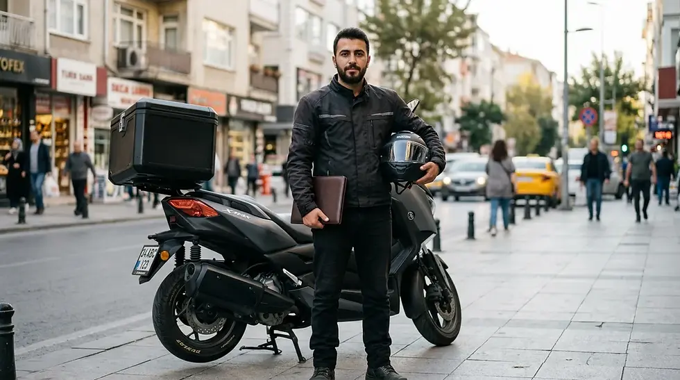 SRC Kurye Belgesi için motosikletli kurye ve resmi belge sürecini anlatan gerçekçi sahne
