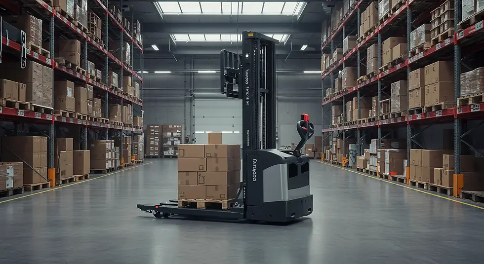 Büyük bir lojistik deposunda çalışan yüksek kaldırma kapasiteli bir elektrikli istifleyici forklift. Geniş koridorlu ve yüksek tavanlı depo, büyük miktarda envanterin güvenli bir şekilde saklanmasını sağlıyor. Forkliftin palet üzerinde taşıdığı yük, raf sistemlerine yerleştirilmek üzere taşınıyor. Forkliftin modern tasarımı, özellikle dar alanlarda manevra kabiliyetini artırırken, enerji verimliliği sağlayan elektrikli motoru, çevre dostu bir çalışma ortamı sunuyor. Lojistik sektöründe kullanılan bu tür makineler, depo operasyonlarının hızını ve güvenliğini artırmada kritik bir rol oynuyor.