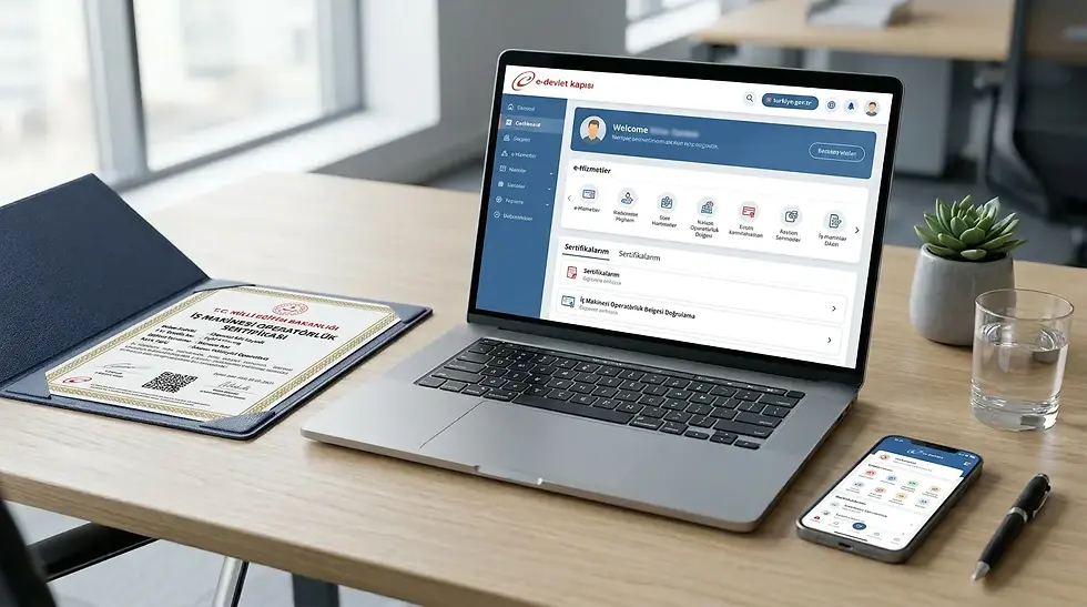 İstif makinesi operatör belgesinin çevrim içi kontrolünü temsil eden laptop ve telefon sahnesi