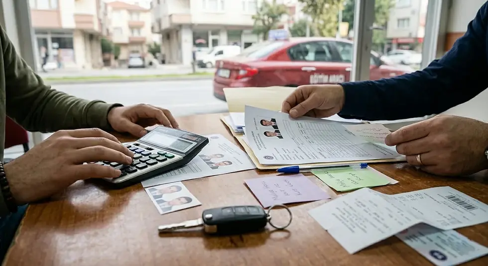 Ehliyet toplam maliyetini oluşturan evrak, fotoğraf, sağlık raporu ve hesaplama kalemleri masada