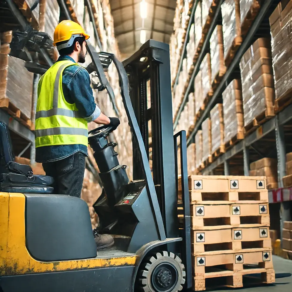 Forklift kullanan bir operatör, forklift ehliyeti ile iş başında.
