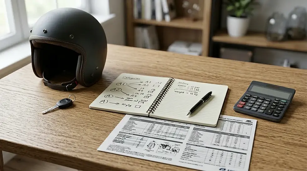 Motor ehliyeti sınıfı seçerken motosiklet teknik bilgileri ve yaş şartı kontrolü