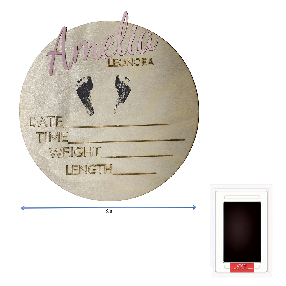 Thumbnail: Wooden birth plaque with Amelia Leonora, baby footprints
