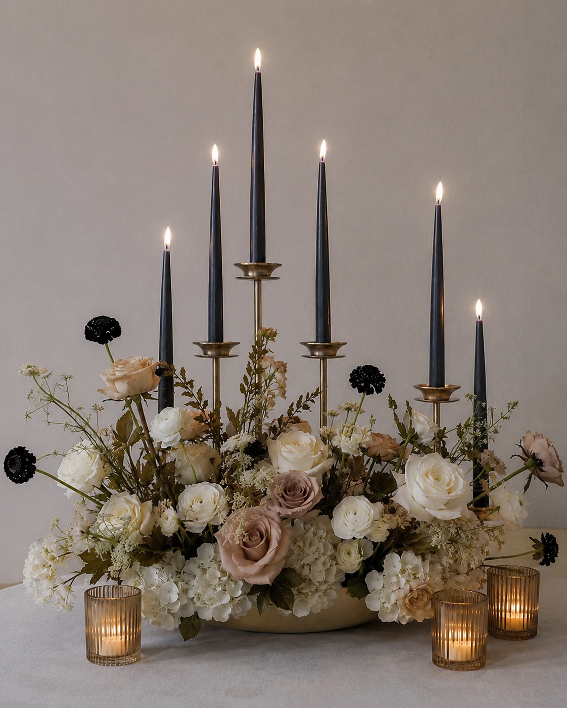 Noir Champagne Floral Taper Candle Centerpiece