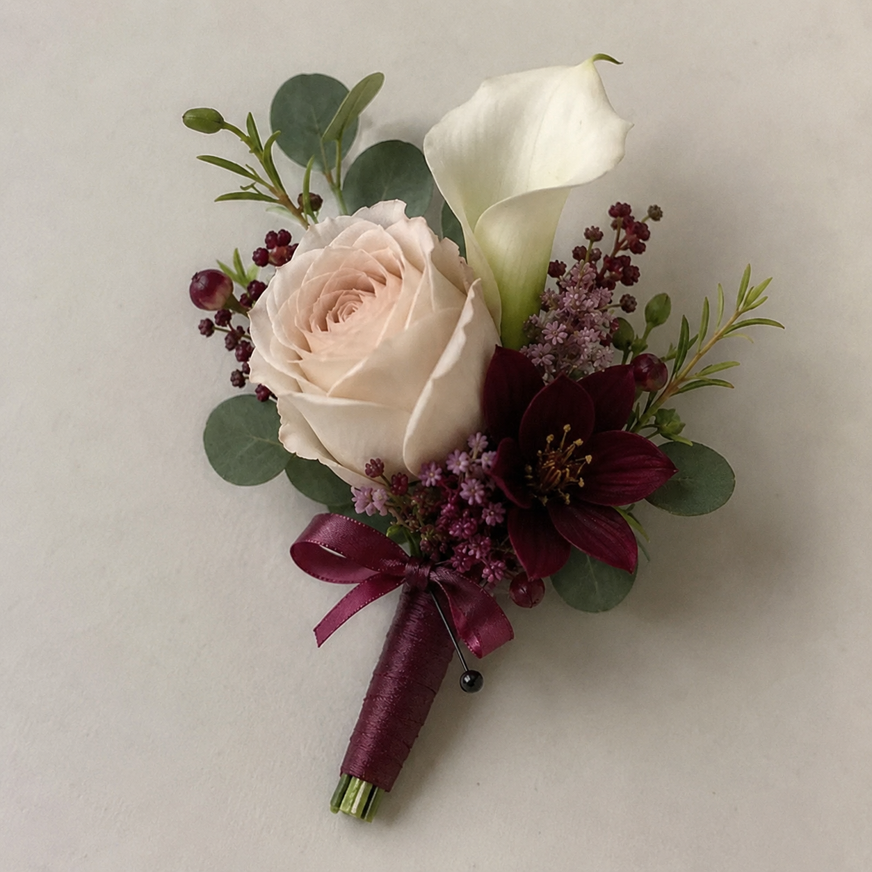 Burgundy Blush Calla Lily Boutonnière