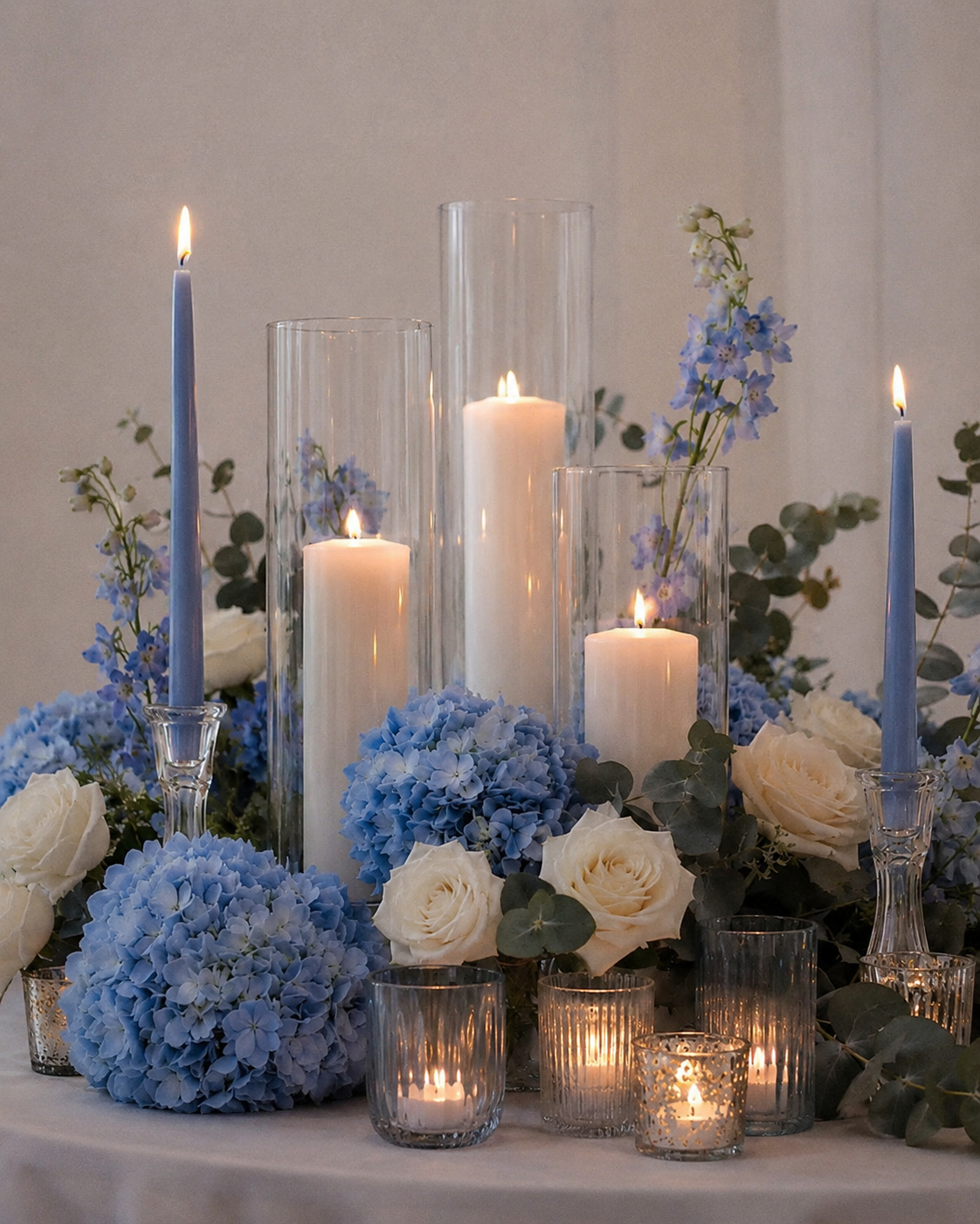Dusty Blue Candlelight Floral Display