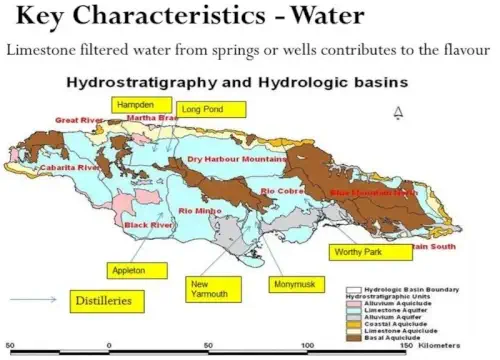 Carte géographique des bassins d'eau de l'aquifère calcaire en Jamaïque