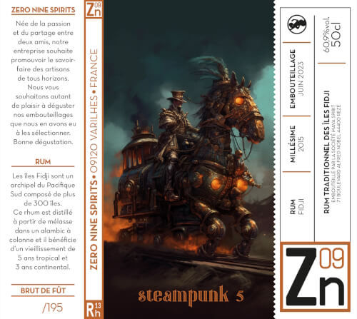 Etiquette de la bouteille de vieux rhum ZERO NINE SPIRITS Steampunk Rh13 Fidji 2015 Single Cask Brut de Fût 60.9°