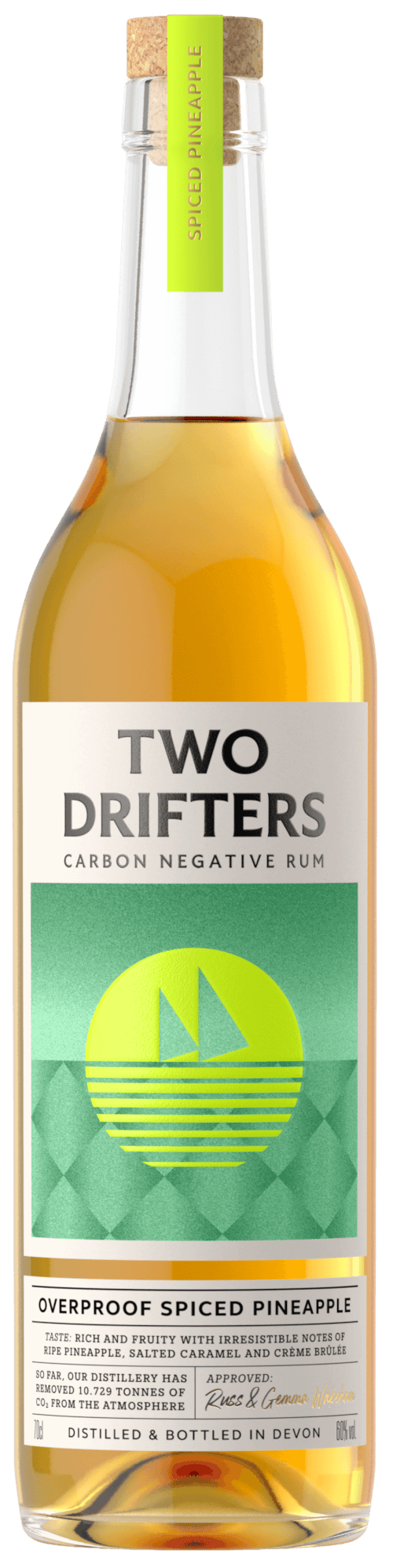 Bouteille de rhum épicé anglais TWO DRIFTERS Overproof Spiced Pineapple 60°