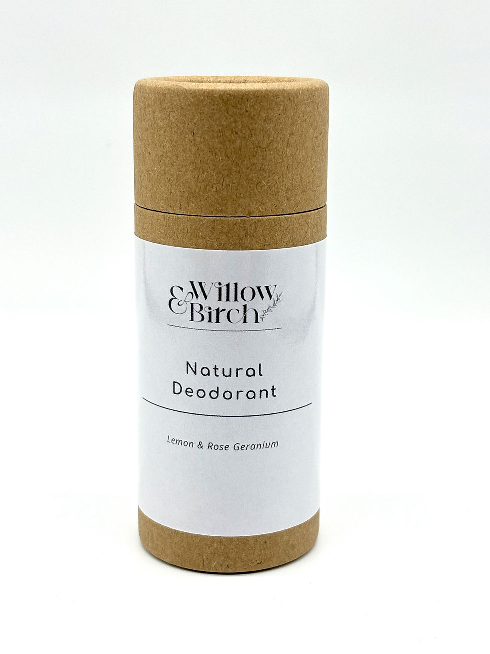A natural deodorant tube in Lemon and Rose Geranium. Brown cardboard tube with white label on front