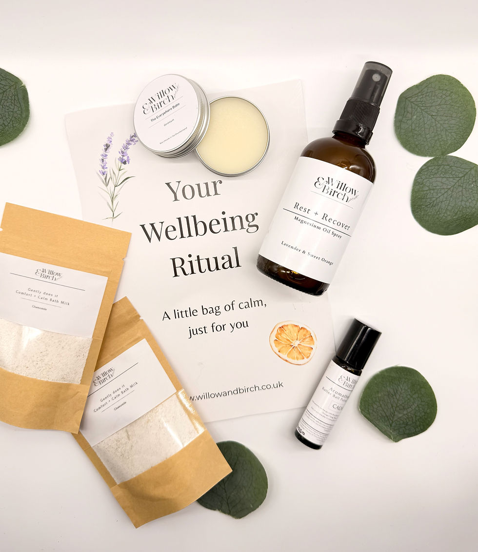 Contents of wellbeing bag lying down, bottle of spray, balm, bath milk and pulse point rollerball along with instruction card