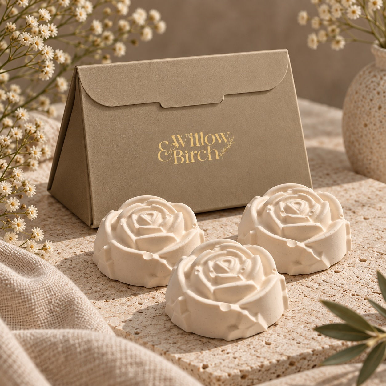 Willow & Birch aroma stones gift set with three cream rose-shaped fragrance stones and taupe branded packaging