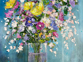 A vibrant painting of a bouquet in a clear vase