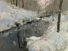 A winter landscape oil painting depicts a snowy forest scene