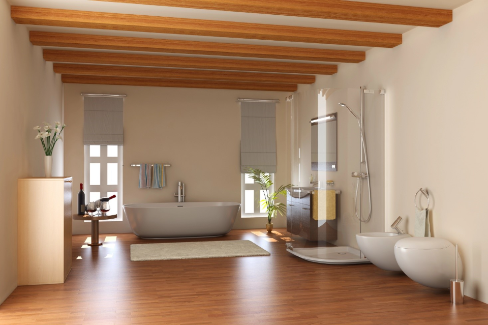 A modern & spacious bathroom with laminated flooring.