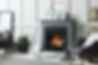 Stylish living room interior with electric fireplace and comfortable furniture