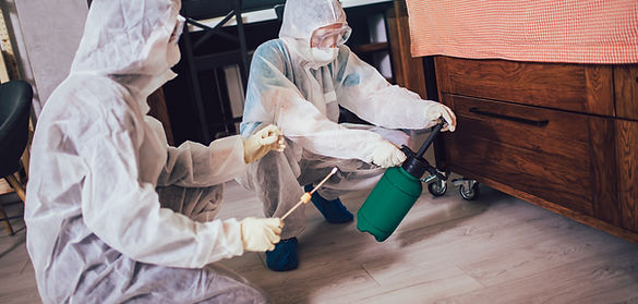 Specialists in protective suits do disinfection or pest control in the apartment