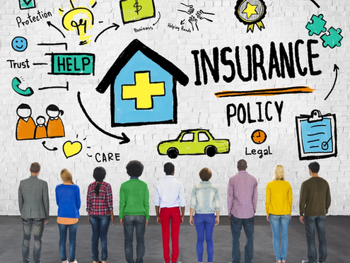 A diverse group of people standing in front of a white brick wall with colourful insurance-related doodles and icons such as help, care, business, and legal support.