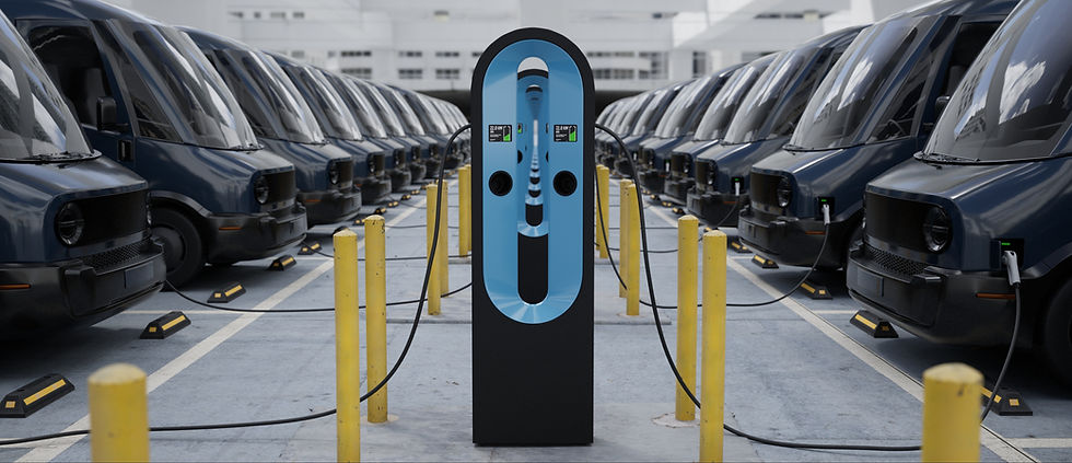 modern electric EV delivery vans are being charged in company parking garage