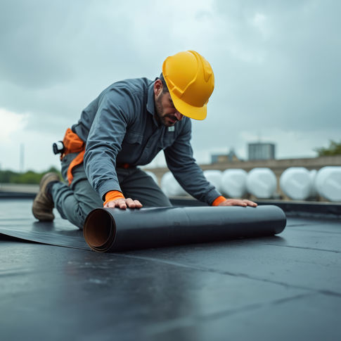 A construction worker in a yellow hard hat and gray uniform kneels on a flat roof