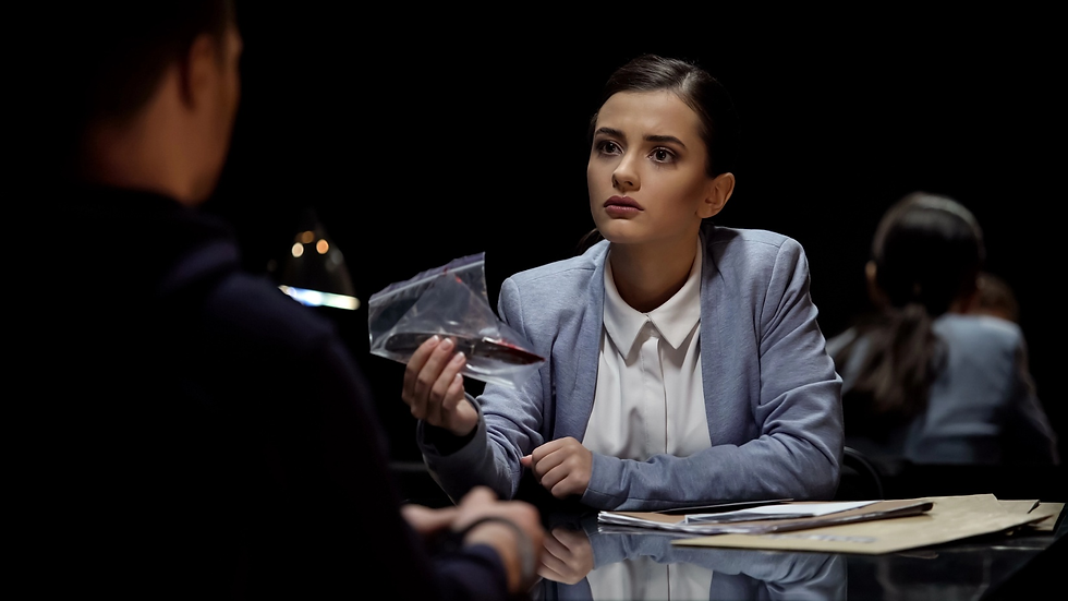 Female officer interrogating a male suspect.