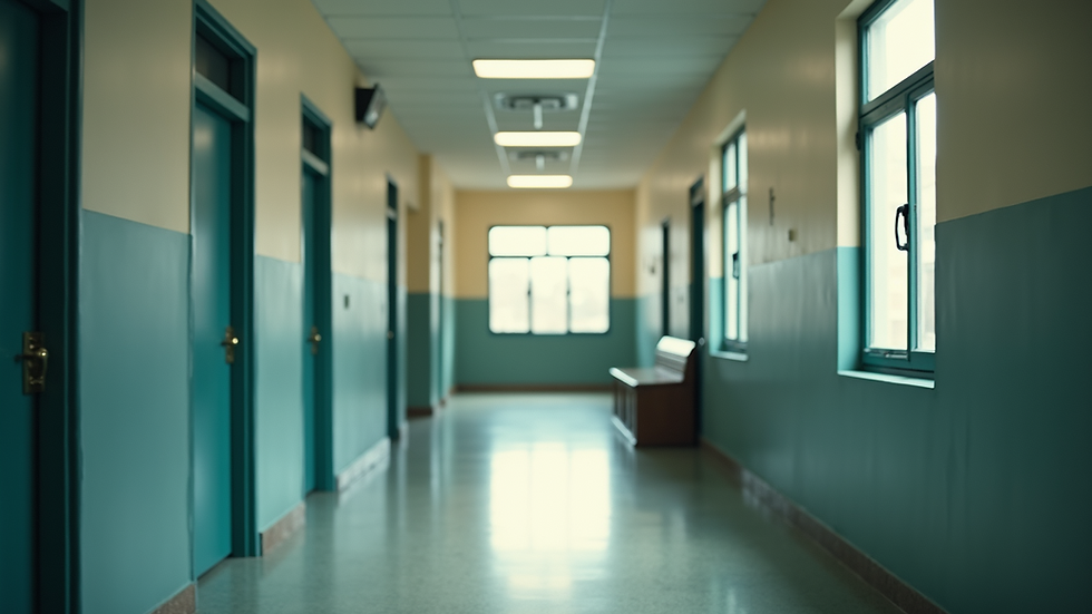 Wide angle view of a quiet school corridor