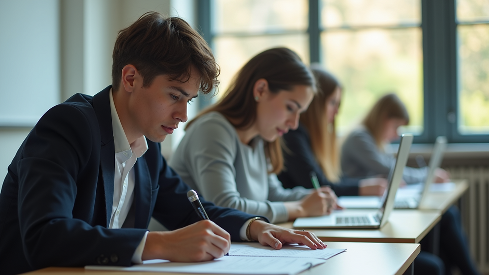 Close-up view of a tutor guiding a student during a mock exam