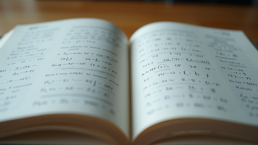 Close-up view of a math textbook opened to a page filled with equations and notes
