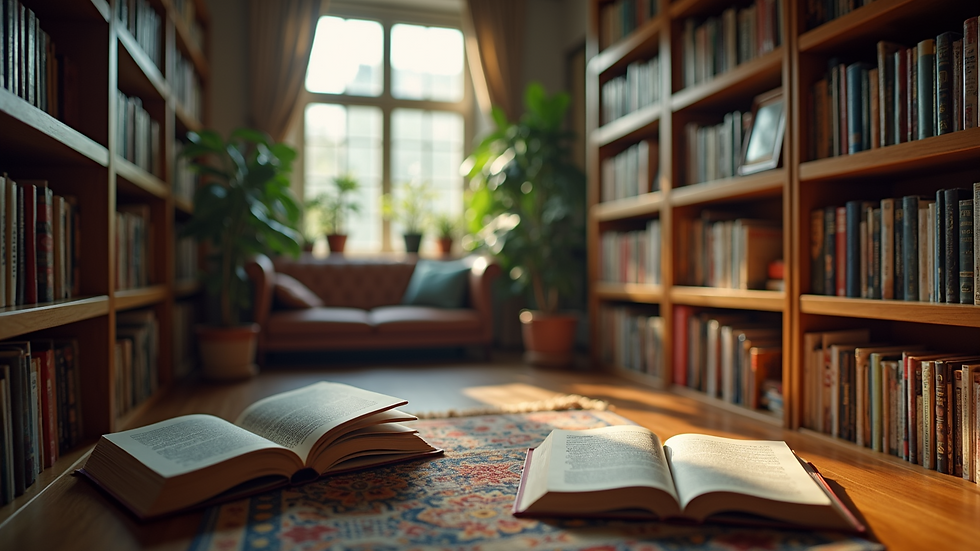 Eye-level view of a cozy reading nook filled with educational books