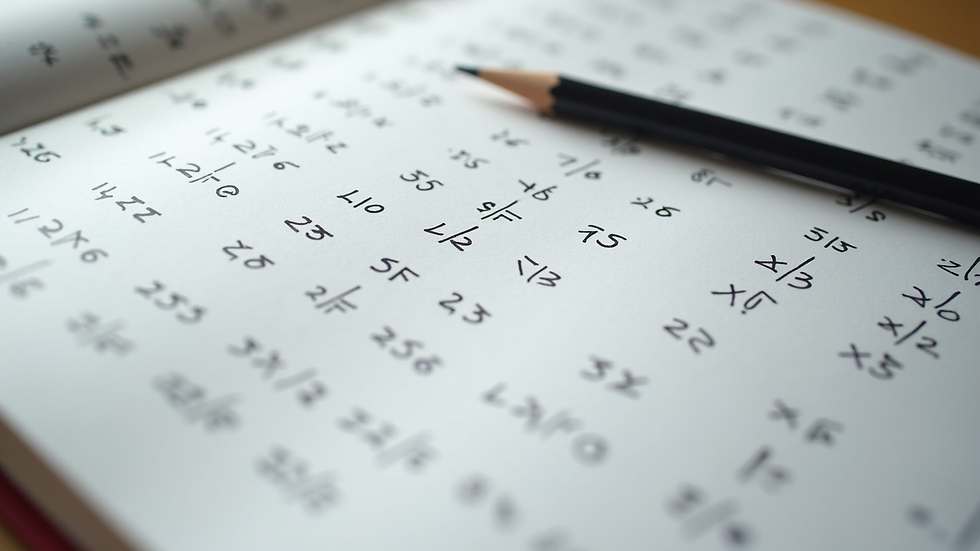 Close-up view of a maths workbook with fraction exercises and a pencil