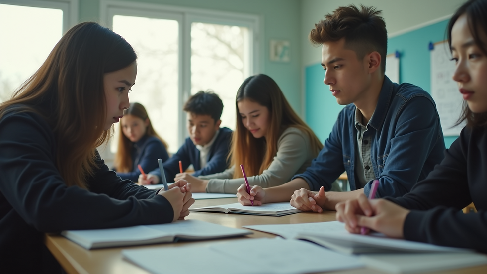 Wide angle view of a group of students studying together in a classroom