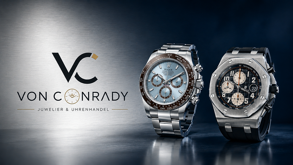 Breites Landschaftsbild mit gebürstetem Metallhintergrund links, Logo \"VC Von Conrady – Juwelier & Uhrenhandel\" links und zwei Luxusuhren rechts, kühle Blau- und Metalltöne