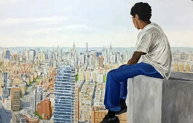 Mural artist London, wall painting, New York skyline painting, Bastille pop band studio, Mario Corile Mural artist