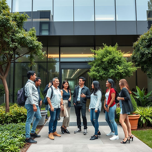 happy people outside an anonymous corporate office in Mexico City, interacting among thems