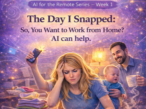 A blonde lady surrounded by life, a baby, a husband, her work, and more. She is considering remote work from home.