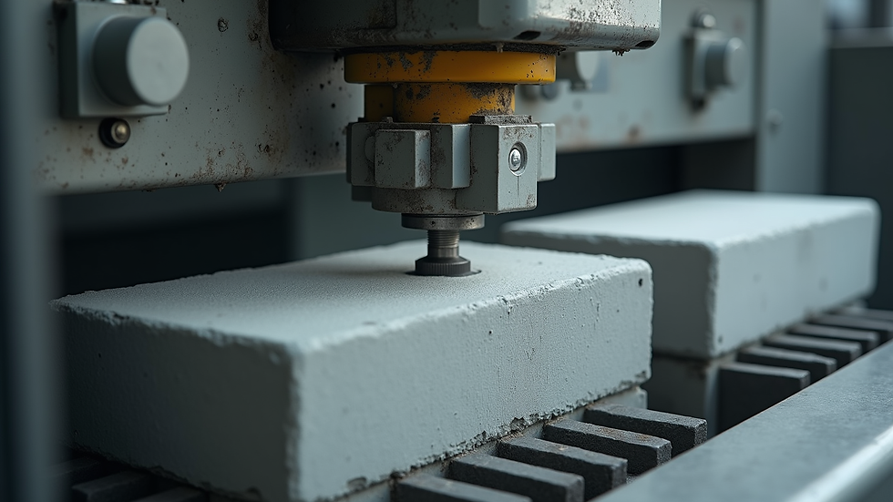 Close-up of concrete blocks being produced by automated machinery