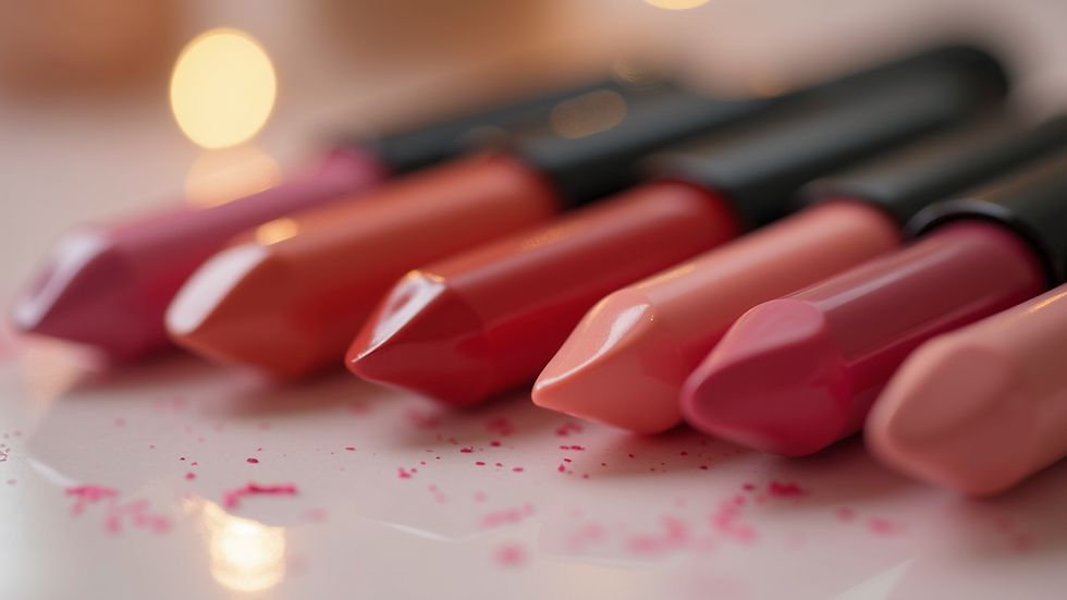 Eye-level view of a lipstick collection arranged neatly on a vanity