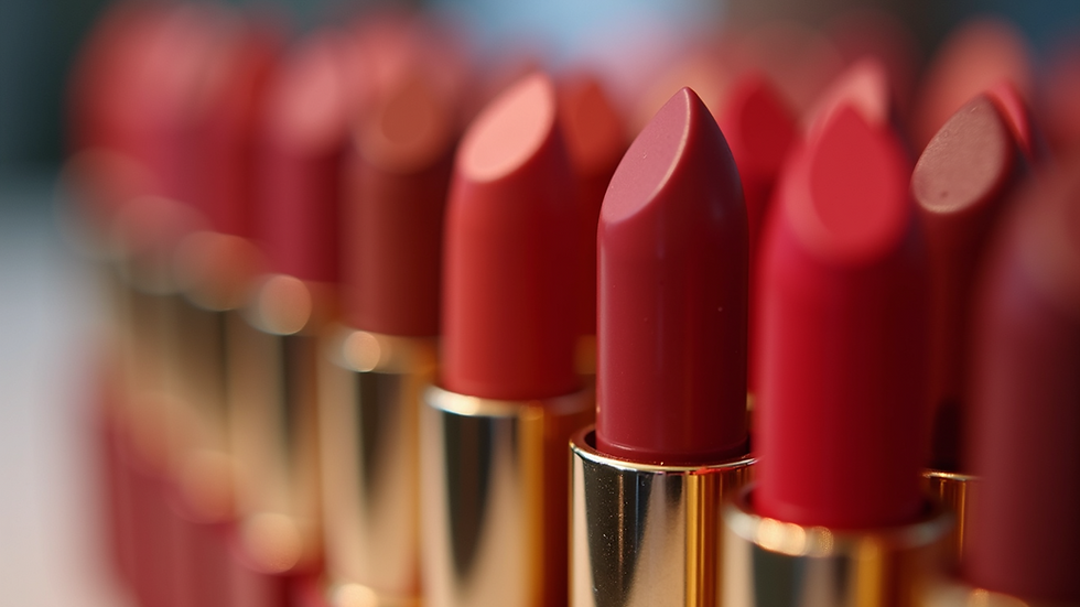 Eye-level view of a lipstick display with various shades arranged neatly