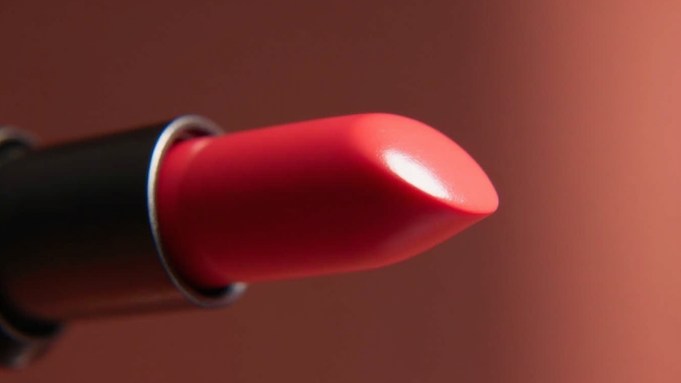 Close-up view of a lipstick tube with a warm red shade