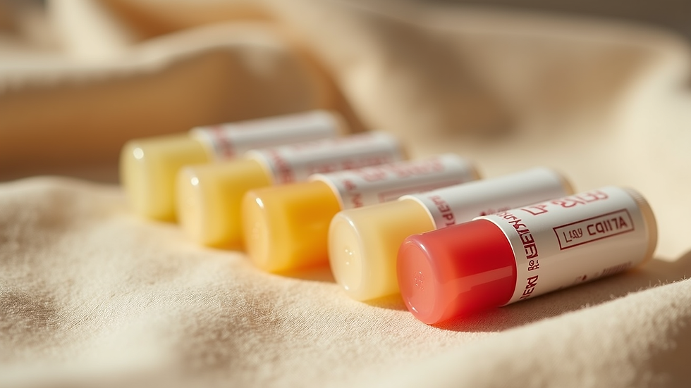Eye-level view of sustainable lip balm tubes arranged on a natural fabric