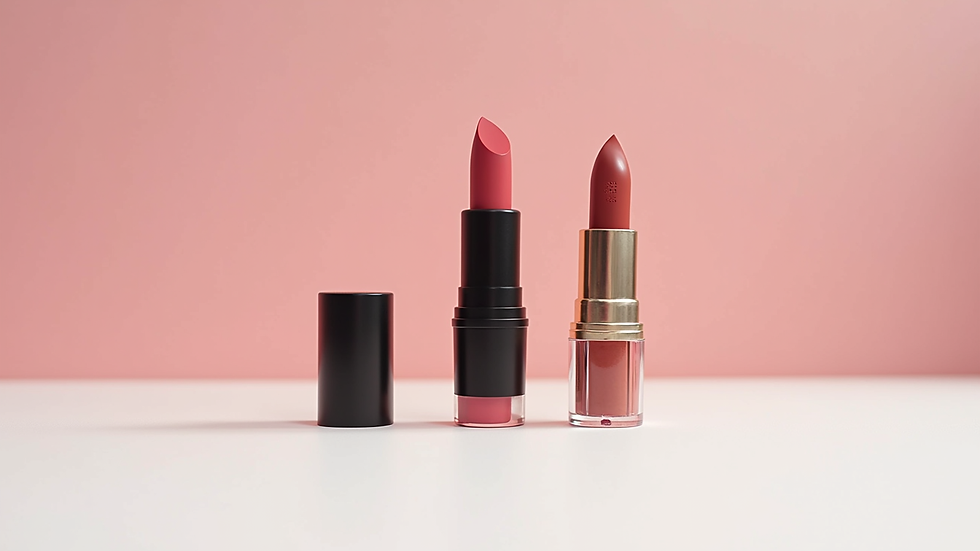 Close-up view of lipstick tubes arranged neatly on a white surface