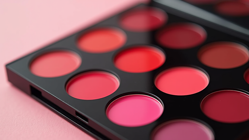 Eye-level view of a lipstick swatch palette with various shades