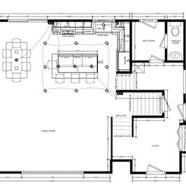 Kitchen floor plan showing an open living and dining area, and lower level rooms.